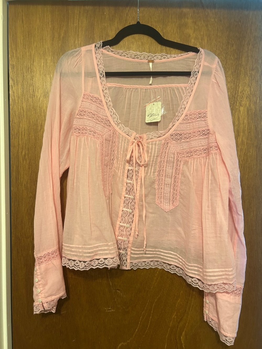 Free People Pale Pink Lace-Trim Tie Front Blouse